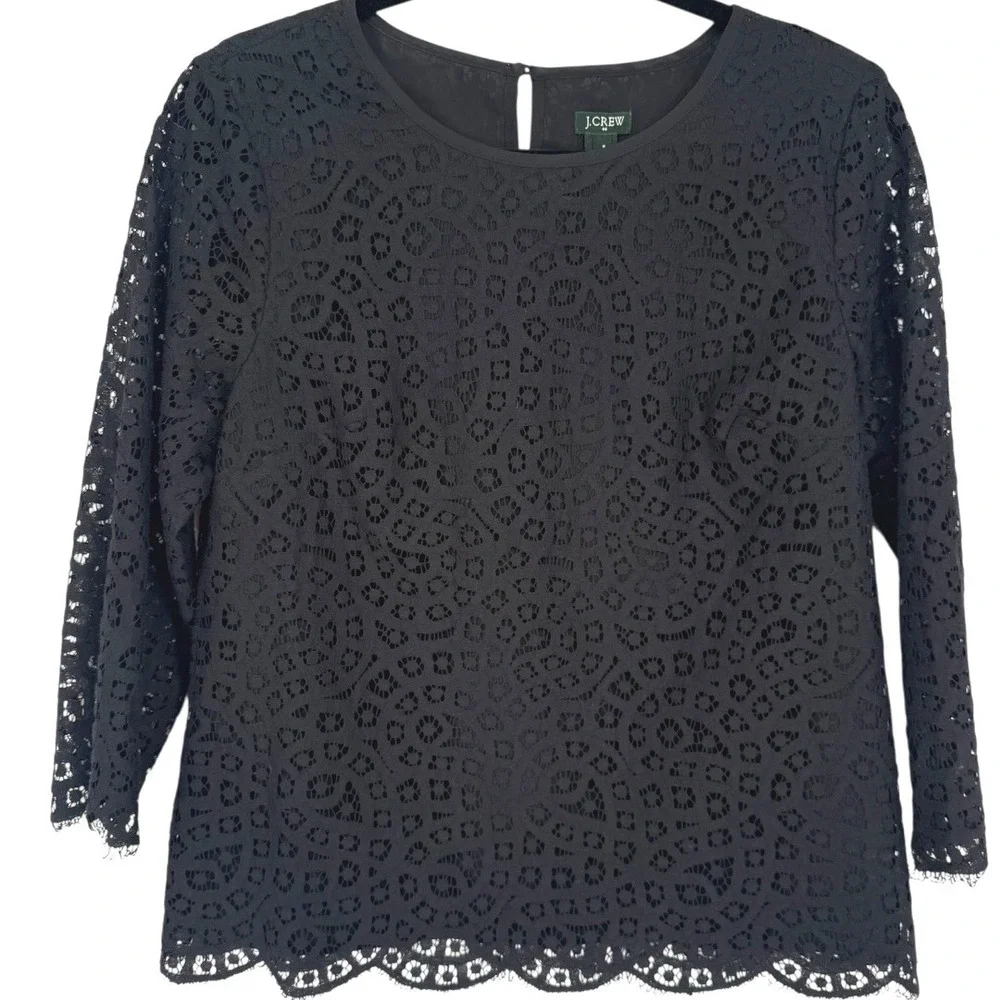 J. Crew Women's Black Eyelet Lace 3/4 Sleeve Blouse‎ Top Size 8 Preppy Feminine
